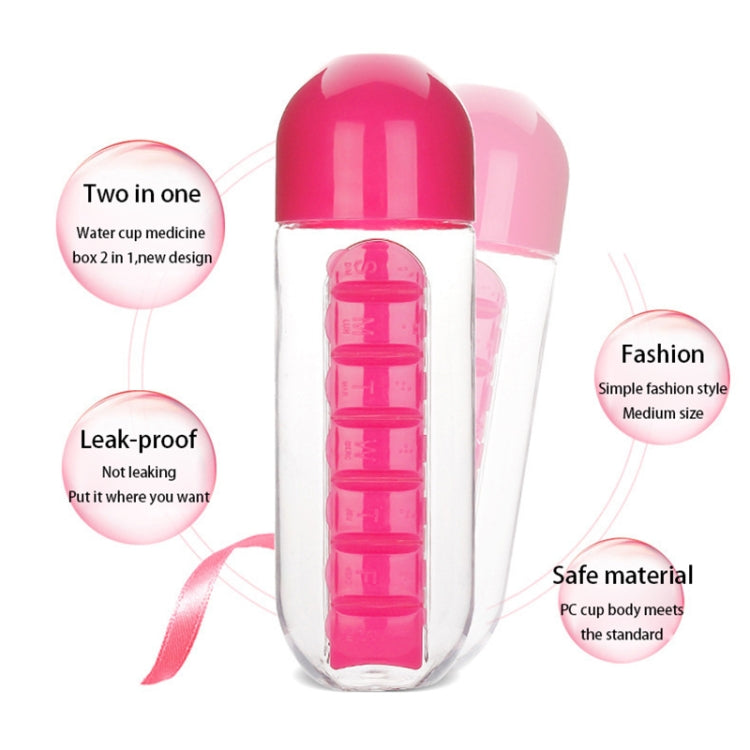 600ML Plastic Water Bottle with Daily Pill Box Organizer Drinking Bottles