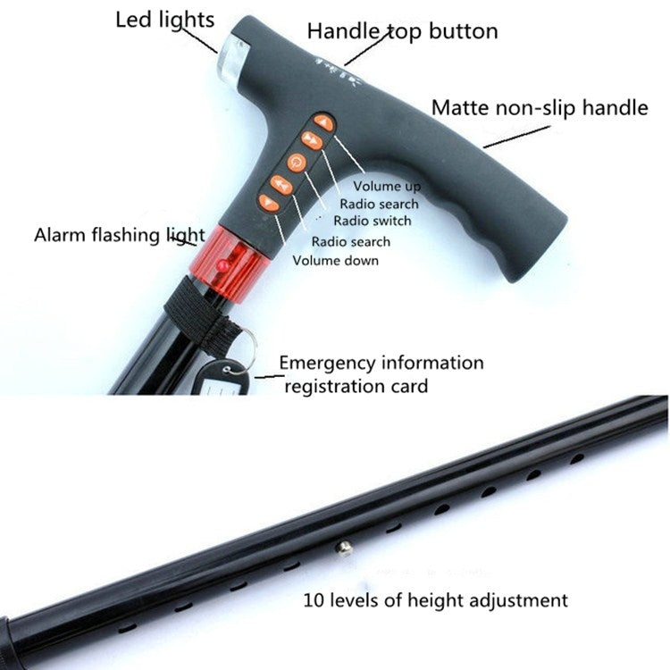 Ten-speed Adjustable Cane With Light And Radio Alarm For The Elderly