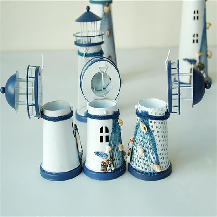 Mediterranean Style Round Hole tin Lighthouse Candlestick Home Desktop Decoration Wrought Iron Candlestick
