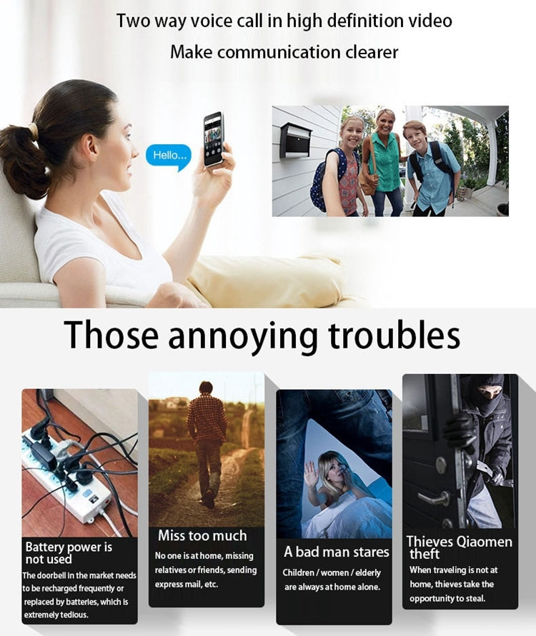 VESAFE Home VS-M2 HD 720P Security Camera Smart WiFi Video Doorbell Intercom, Support TF Card & Night Vision & PIR Detection APP for IOS and Android