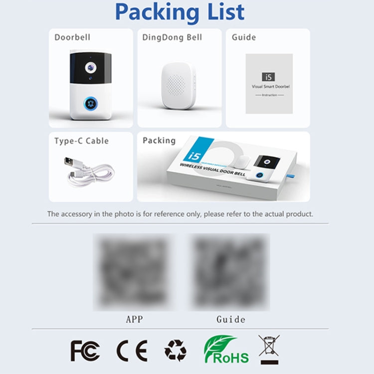 DoorBell i5 Smart Doorbell HD Wireless Bluetooth WiFi Security Camera Visual Doorbells Anti-theft Support Bidirectional Voice Intercom