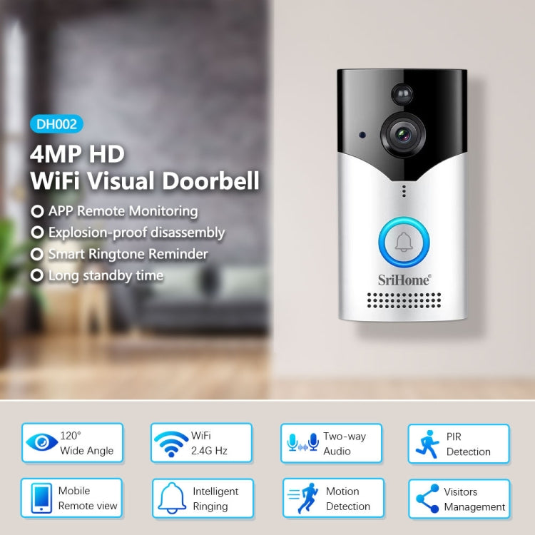 SriHome DH002 4.0 Million Pixels Smart WiFi Video PIR Visual Doorbell, Support Video Two-way Voice