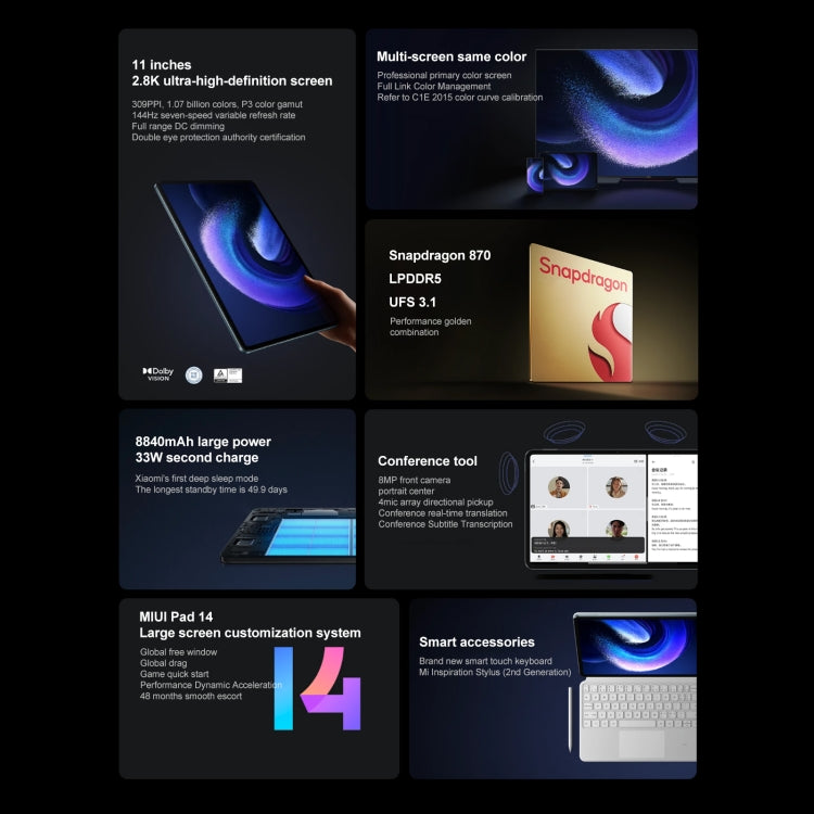 MIUI 14 Qualcomm Snapdragon 870 7nm Octa Core up to 3.2GHz, 8840mAh Battery, Support BT, WiFi