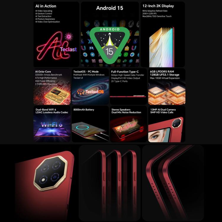 Teclast T60AI WiFi Tablet PC, 6GB+128GB, 12 inch Android 15 Allwinner A733 Octa Core with NPU
