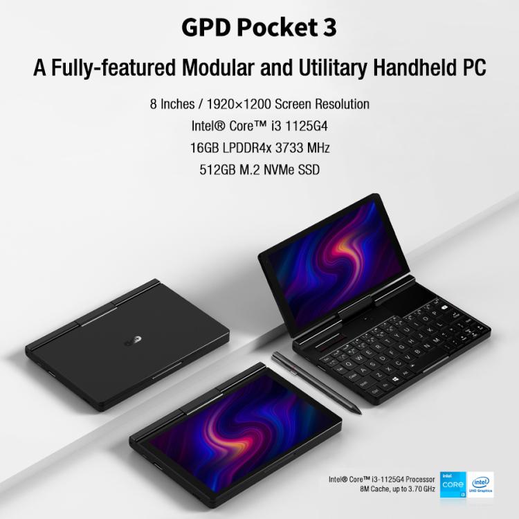GPD Pocket 3 Handheld PC, 16GB+512GB, 8 inch Windows 11 Home Intel Core i3-1125G4, EU Plug