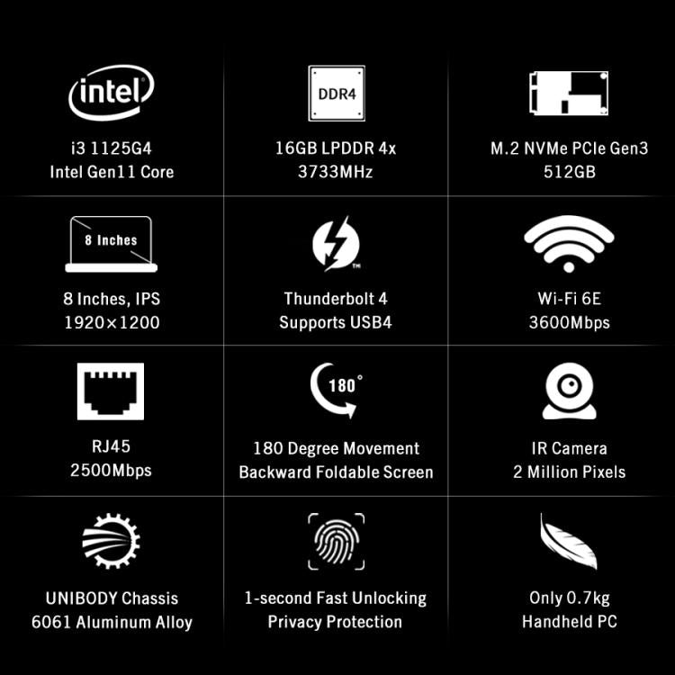 GPD Pocket 3 Handheld PC, 16GB+512GB, 8 inch Windows 11 Home Intel Core i3-1125G4, EU Plug