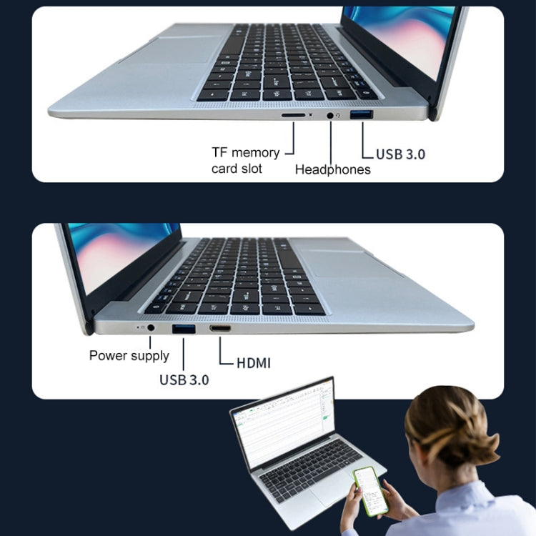 S07 14 inch Ultrathin Laptop, 12GB+1TB, Windows 11 Intel Celeron J4025 Dual Core, US Plug (Silver)