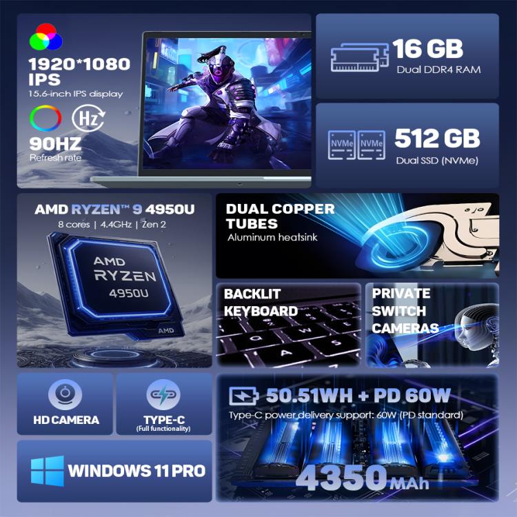 G16 Air 15.6 inch Gaming Laptop, 16GB+512GB, Windows 11 Pro AMD Ryzen 9 4950U Octa Core, US Plug