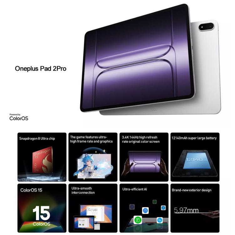 OnePlus Pad 2 Pro 13.2 inch WiFi Tablet PC, 12GB+256GB ColorOS 15.0 Qualcomm Snapdragon 8 Ultra Octa Core CPU