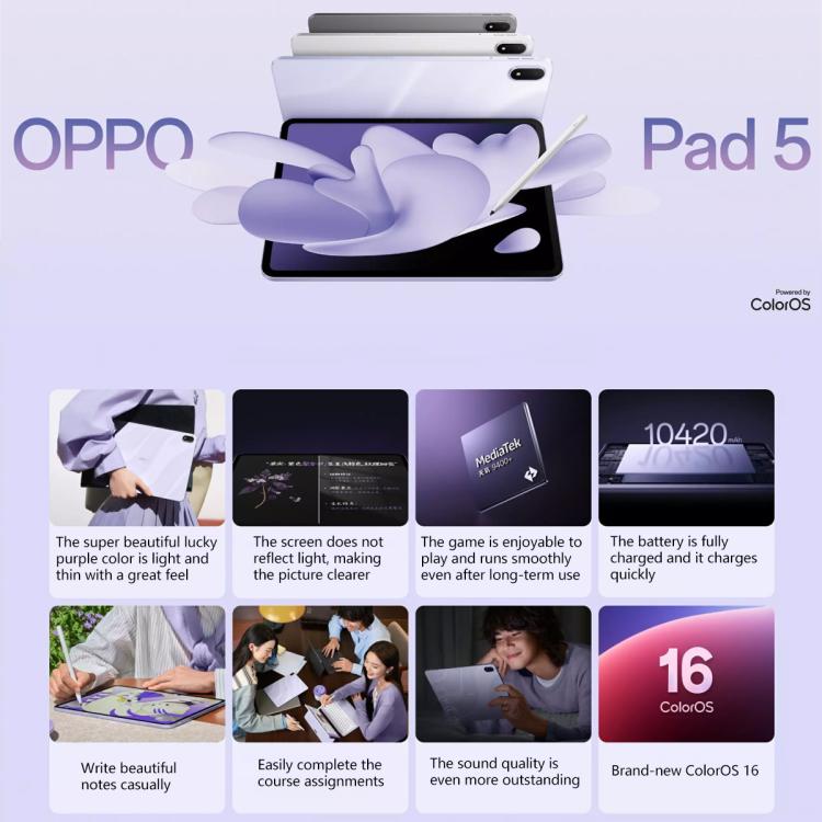OPPO Pad 5 12.1 inch Tablet PC, 8GB+128GB, ColorOS 16.0 MediaTek Dimensity 8350 Octa Core