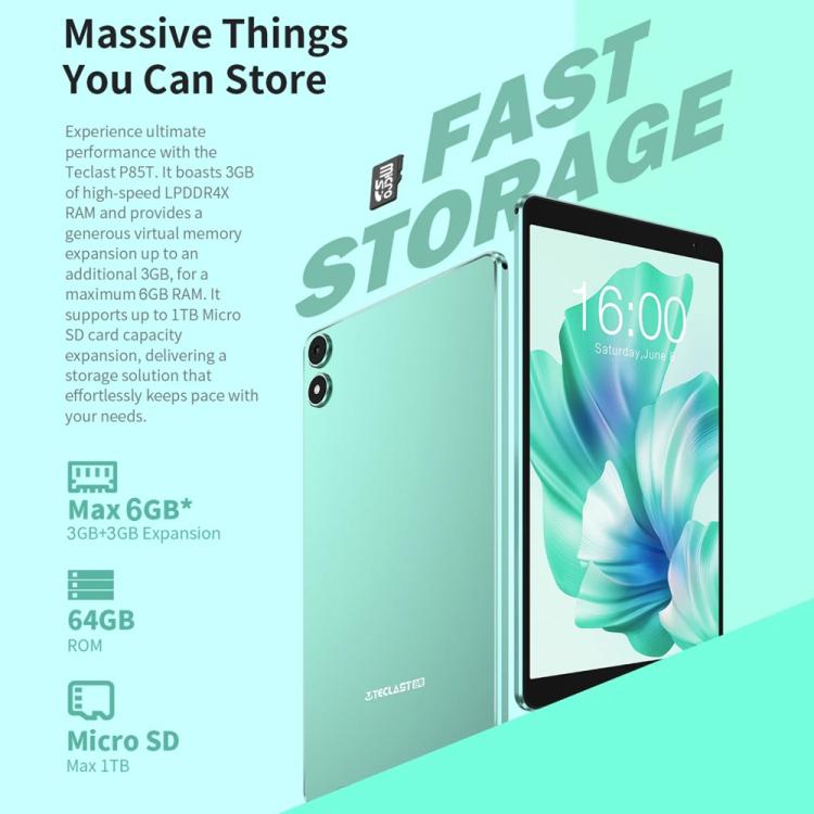 Teclast P85 Tablet PC 8 inch WiFi6, 3GB+64GB, Android 15 Allwinner A333 5-Core(Mint Green)