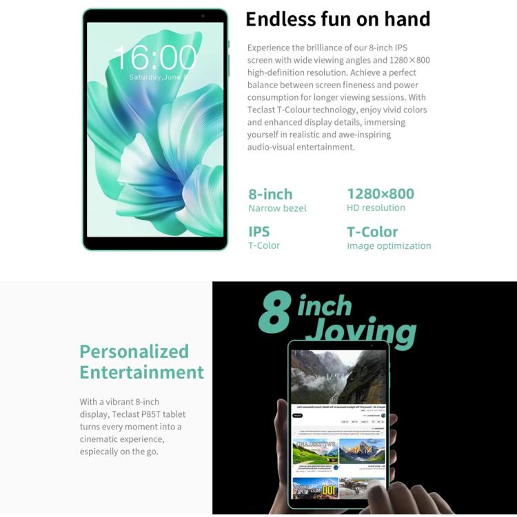 Teclast P85 Tablet PC 8 inch WiFi6, 3GB+64GB, Android 15 Allwinner A333 5-Core(Mint Green)