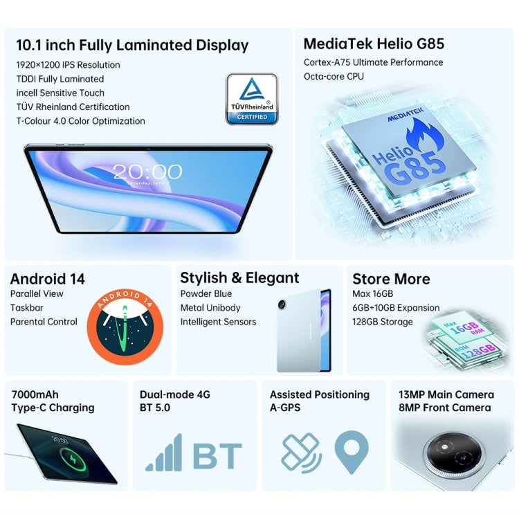 Teclast M50 Plus 4G LTE Tablet PC 10.1 inch, 6GB+128GB, Android 14 MediaTek Helio G85 Octa Core, Support Dual SIM