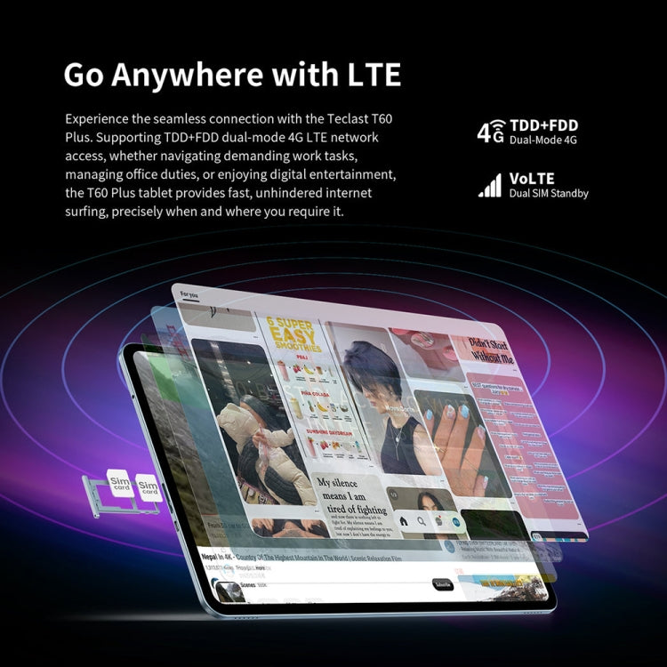 Teclast T60 Plus 4G LTE Tablet PC, 6GB+128GB, 12 inch Android 14 MediaTek Helio G88 Octa Core, Support Dual SIM